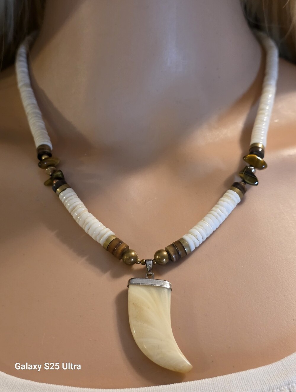 Vintage Beach Boho Surfer Necklace with Mother of Pearl Tusk Pendant
